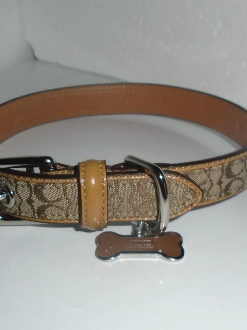 NEW VINTAGE COACH TAN BROWN JACQUARD SIGNATURE C LEATHER DOG COLLAR 60364 SIZE M